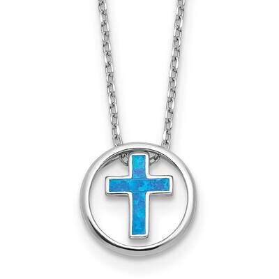 Rh-Plated Blue Cr. Opal Inlay Cross 16 Inch 2 Inch Extension Necklace Sterling Silver QG6574-16, MP…