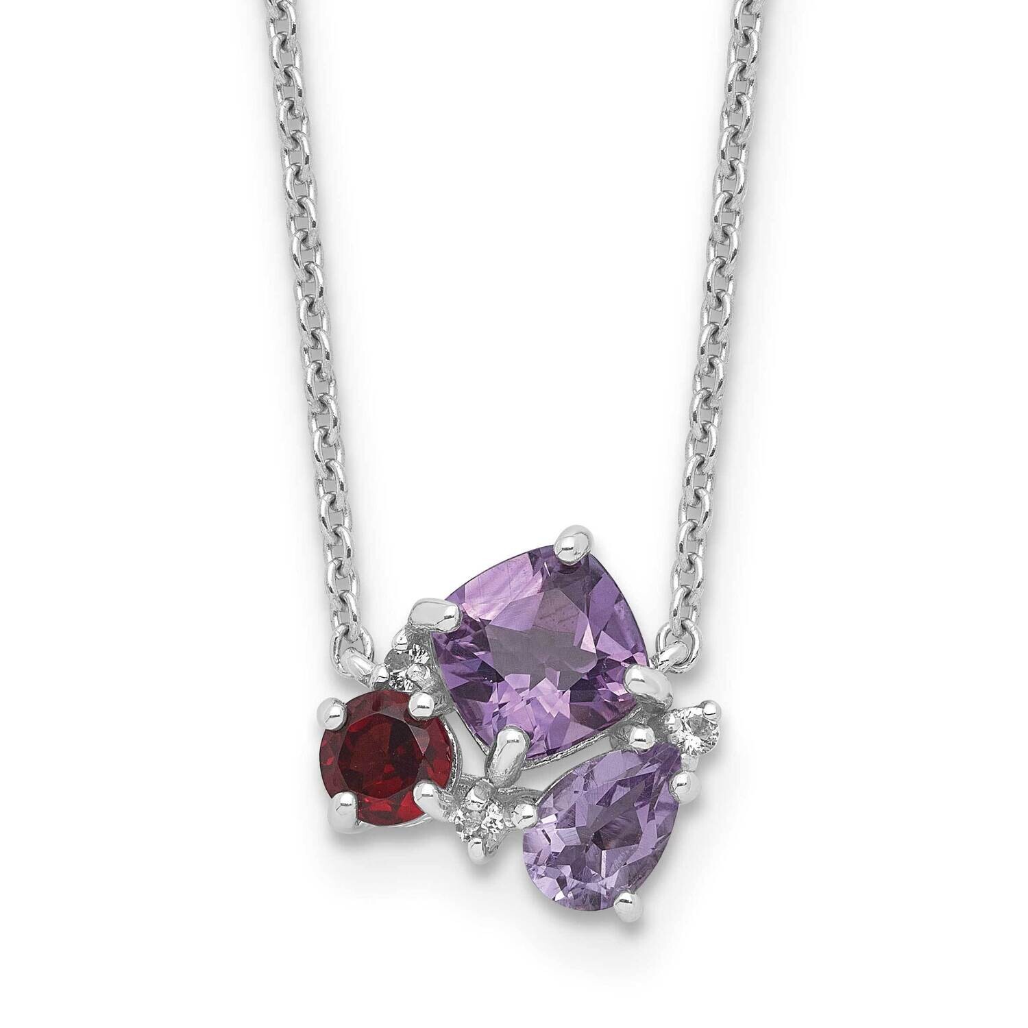 Rhodium Amethyst Pink Quartz/Garnet/ White Topaz 18 Inch Necklace Sterling Silver QG6739-18