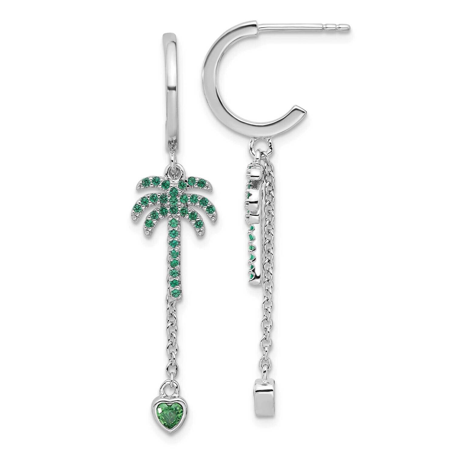 Green CZ Palm Tree Heart Post Hoop Earrings Sterling Silver Rhodium-Plated QE17573