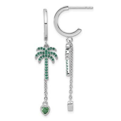 Green CZ Palm Tree Heart Post Hoop Earrings Sterling Silver Rhodium-Plated QE17573, MPN: QE17573,