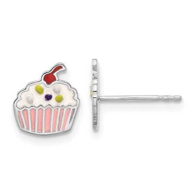 Polished Multi-Color Enamel Cupcake Children&#39;s Post Earrings Sterling Silver Rhodium-Plated QE17751…