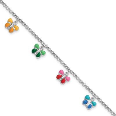Rhod-Pltd Enamel Butterflies 6 Inch 1 Inch Extension Child&#39;s Bracelet Sterling Silver QG6727-6, MPN…