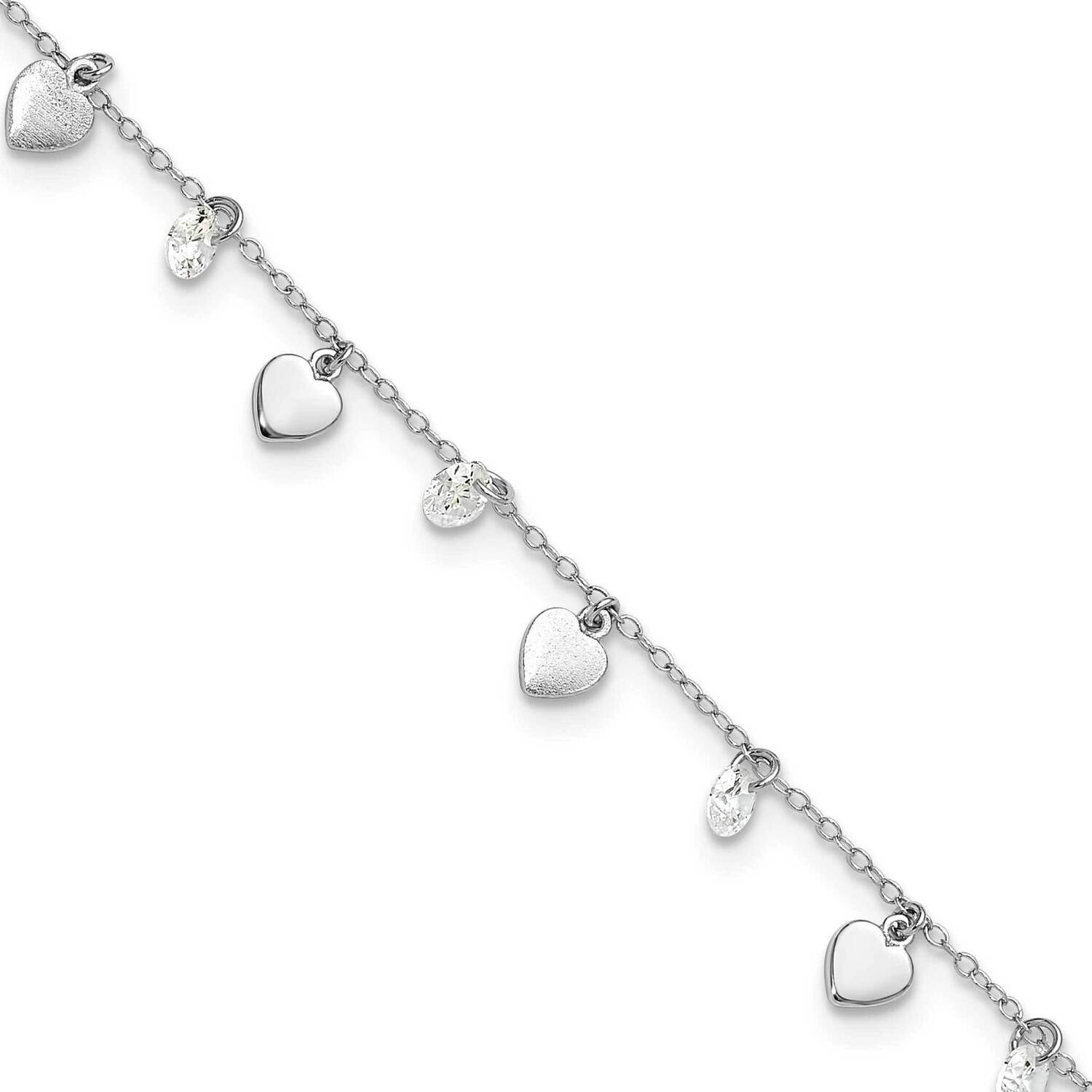 Rh-Plate Polished Satin CZ Heart 9 Inch Plus 1 Inch Extender Anklet  Sterling Silver QG6282-9, MPN:…
