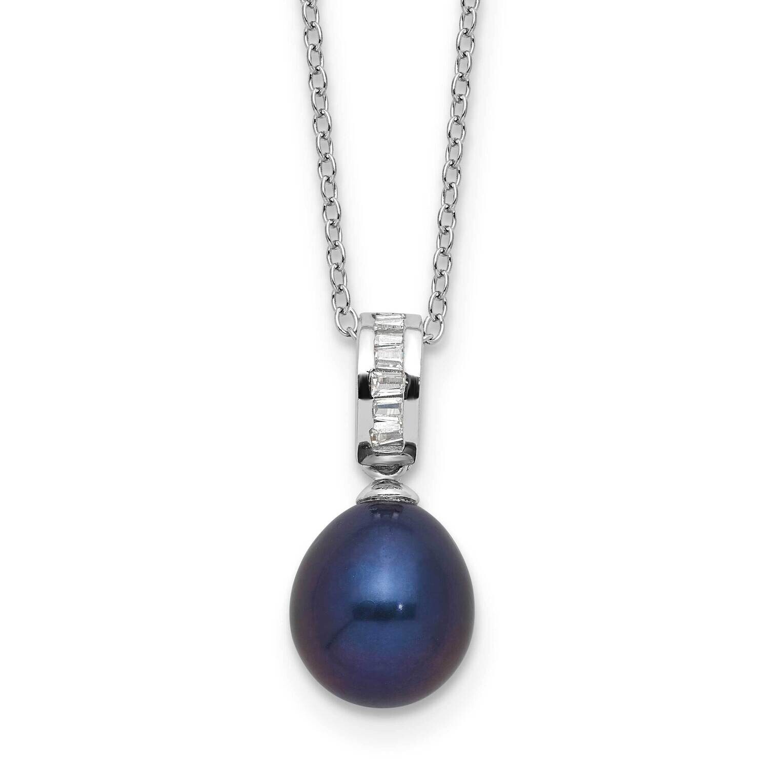 Rh-Plated 8-9mm Teardrop Black Fwc Pearl CZ Necklace Sterling Silver QH5784-17, MPN: QH5784-17,