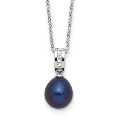 Rh-Plated 8-9mm Teardrop Black Fwc Pearl CZ Necklace Sterling Silver QH5784-17, MPN: QH5784-17,