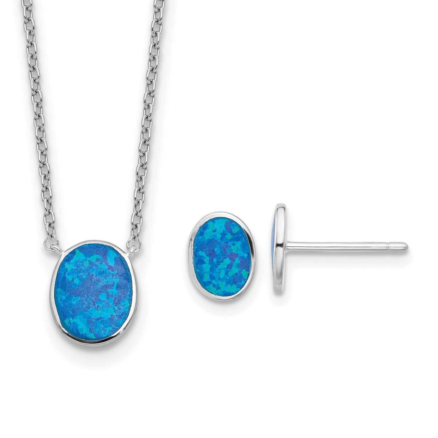 Rh-Pl Blue Cr.Opal Oval 16 Inch Necklace 1.75 Ext/Earring Se Sterling Silver QG6722SET, MPN: QG6722…