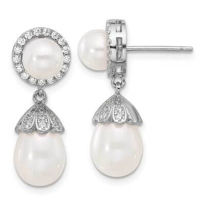 Rh-Plated 6-8mm Fwc Pearl CZ Post Dangle Earrings Sterling Silver QE17221, MPN: QE17221,