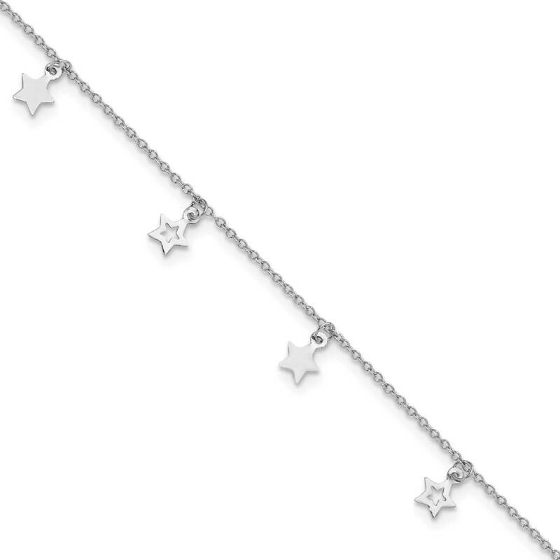 Polished Star 9.5 Inch Plus 1 Inch Extender Anklet Sterling Silver Rhodium-Plated QG6303-9.5