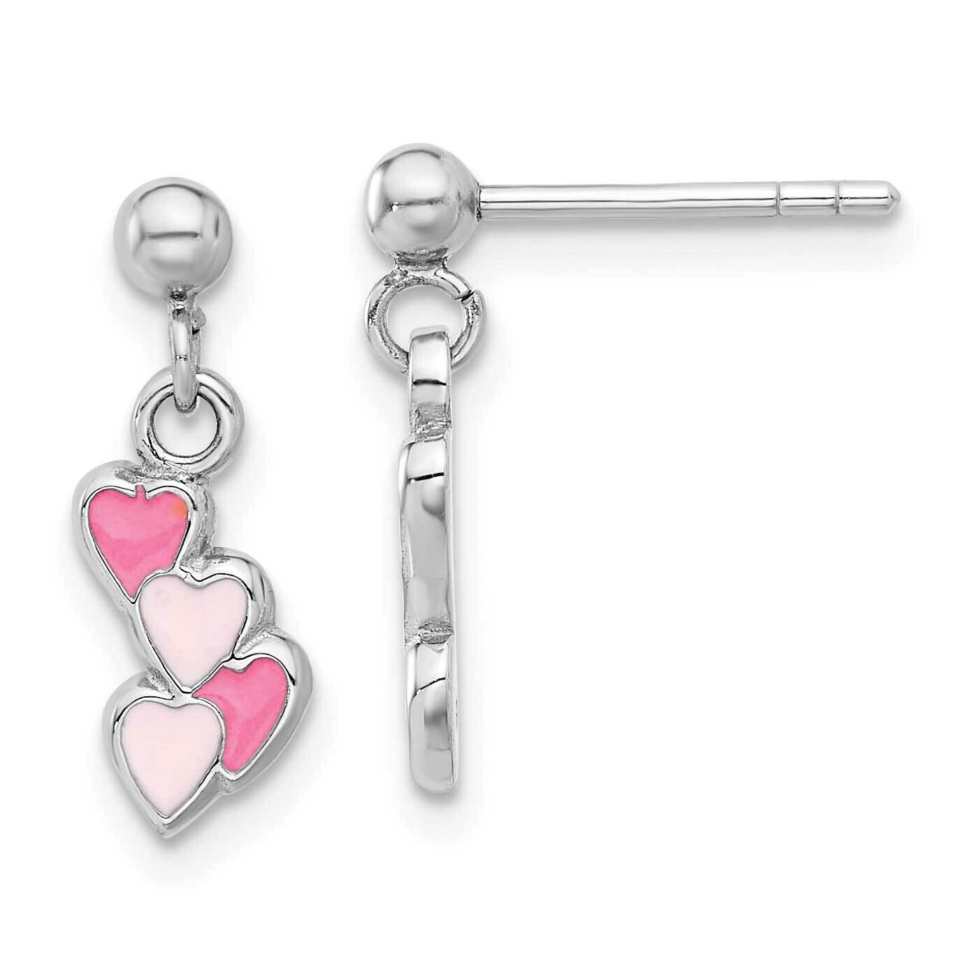 Pink Enameled Hearts Children's Post Dangle Earrings Sterling Silver Rhodium-Plated QE17716