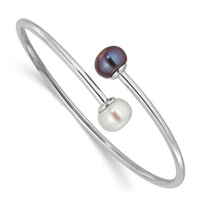 Rh-Plated 9-10mm Black/White Fwc Pearl Flexible Bangle Sterling Silver QH5368BW, MPN: QH5368BW,