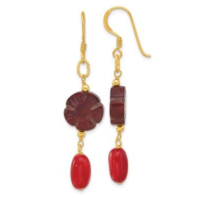 Gold-Plated Coral Red Jasper Flower Dangle Earrings Sterling Silver QE17316, MPN: QE17316,