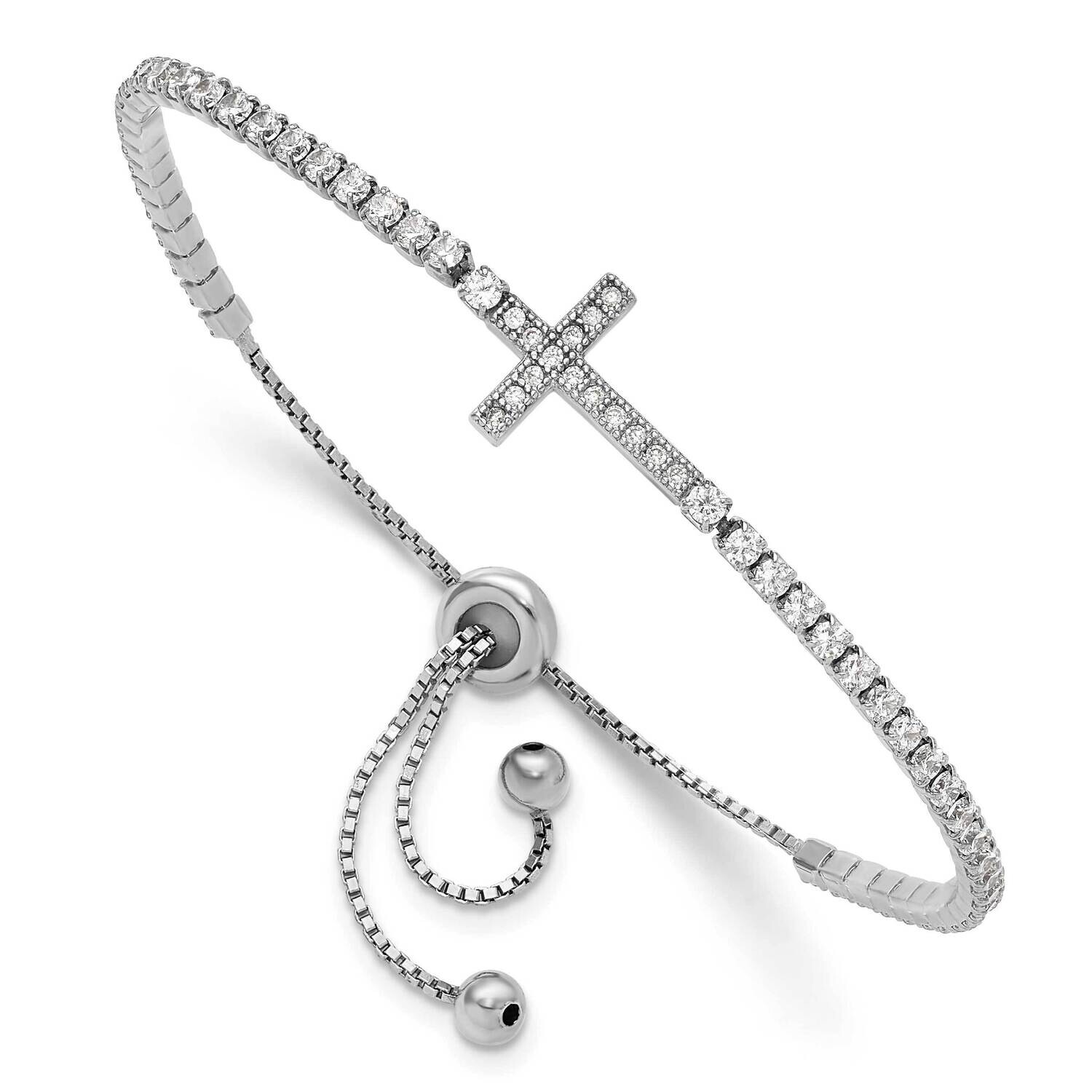 CZ Sideways Cross Adjustable Bracelet Sterling Silver Rhodium-Plated QG6388
