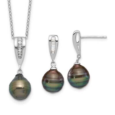 Rh-Plated 9-10mm Tahitian Pearl CZ Necklace Earring Set Sterling Silver QH5771SET, MPN: QH5771SET,