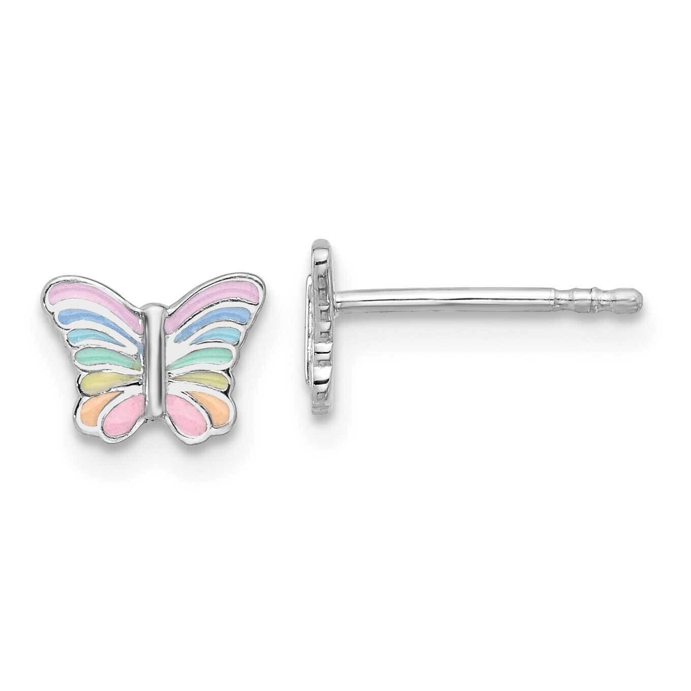 Rh-Plated Rainbow Enamel Butterfly Children's Post Earrings Sterling Silver QE17720