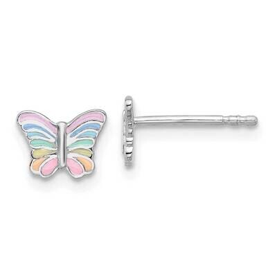 Rh-Plated Rainbow Enamel Butterfly Children&#39;s Post Earrings Sterling Silver QE17720, MPN: QE17720,