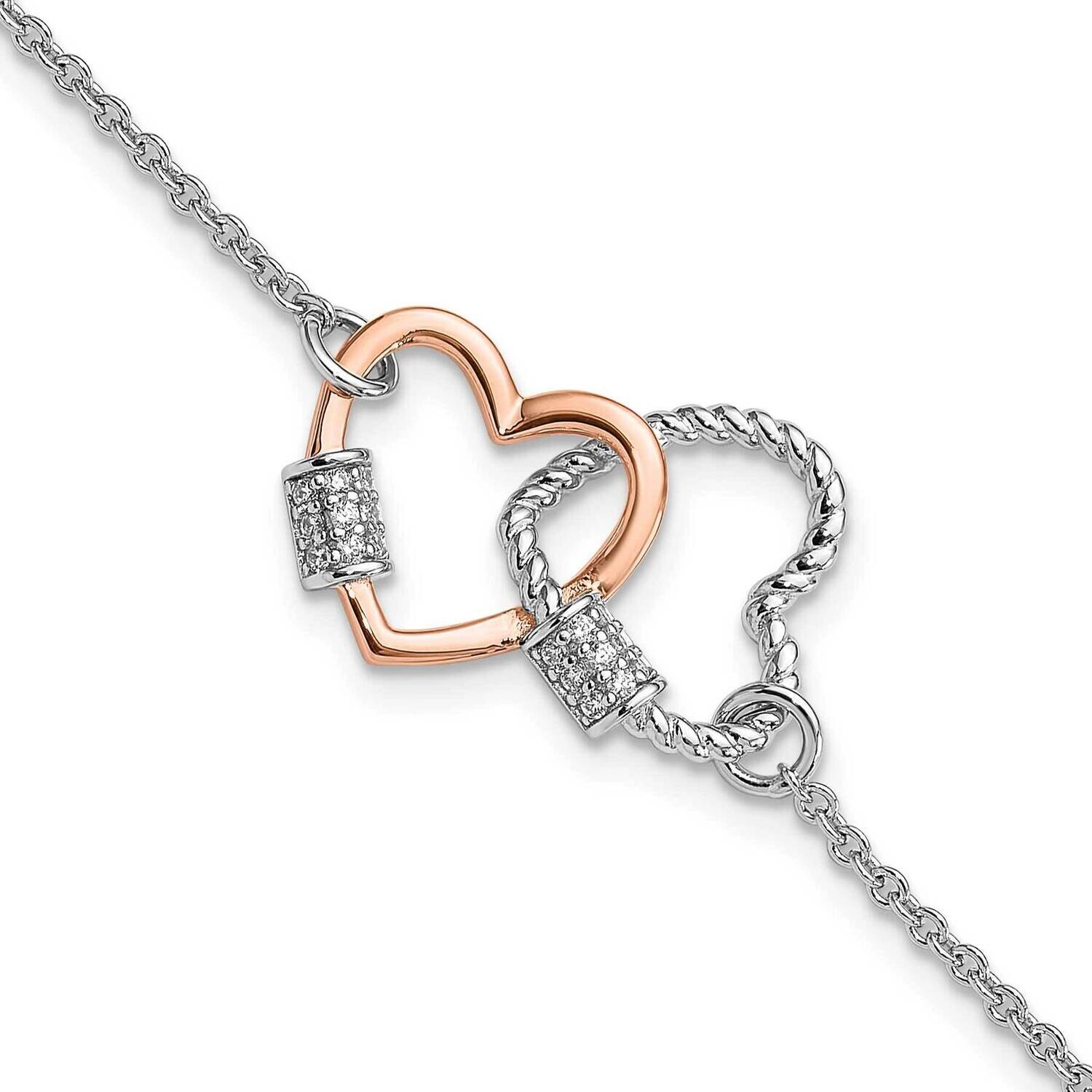 Rh-Plated Rose-Tone Double Heart 7 Inch 1 Inch Extension Bracelet Sterling Silver QG6547-7, MPN: QG…