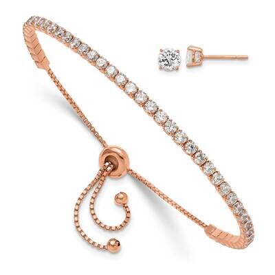Rose-Tone CZ Adjustable Bracelet Earring Set Sterling Silver QG6243RPSET, MPN: QG6243RPSET,