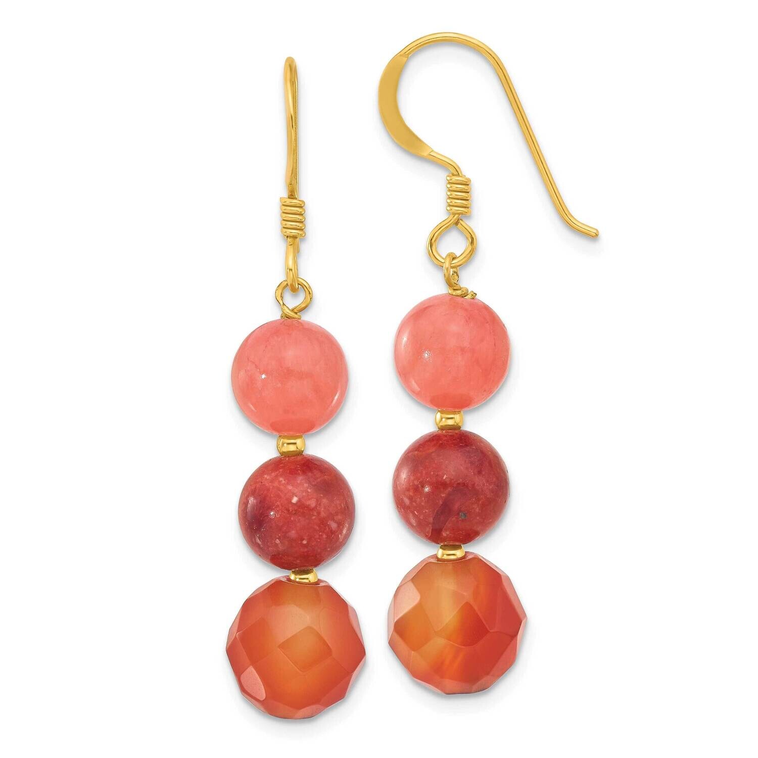 Gold-Plated Carnelian Quartz Recon. Coral Dangle Earrings Sterling Silver QE17315
