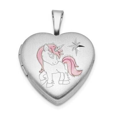 Rh-Plated Epoxy Satin Polished Unicorn 16mm Heart Locket Sterling Silver QLS1148, MPN: QLS1148,