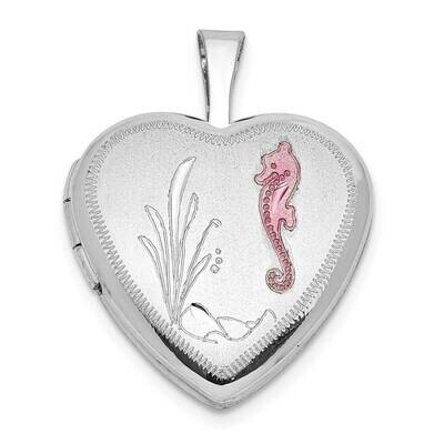 Rh-Plat Epoxy Satin Polished Sea Horse 16mm Heart Locket Sterling Silver QLS1147, MPN: QLS1147,