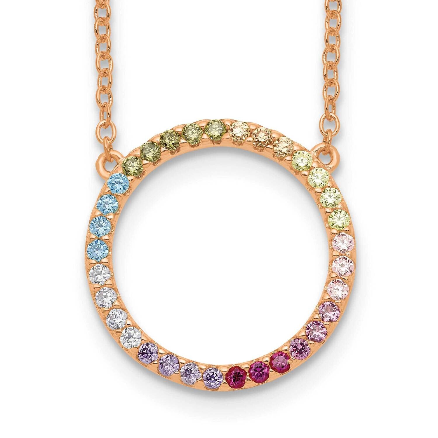 Prizma Sterling Silver Rose-Tone Flash Rose Gold-Plated 16 Inch Colorful CZ Open Circle Necklace 2 Inch Extender 14k Gold QG5663RP-16