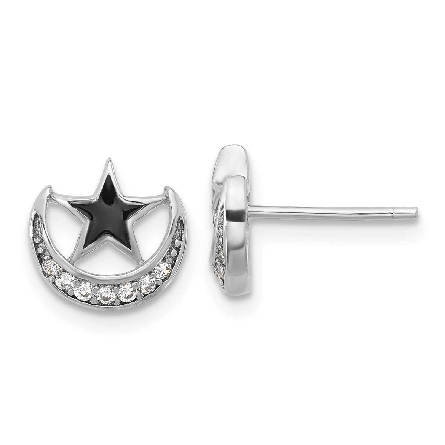 Enamel CZ Star Moon Post Earrings Sterling Silver Rhodium-Plated QE17545