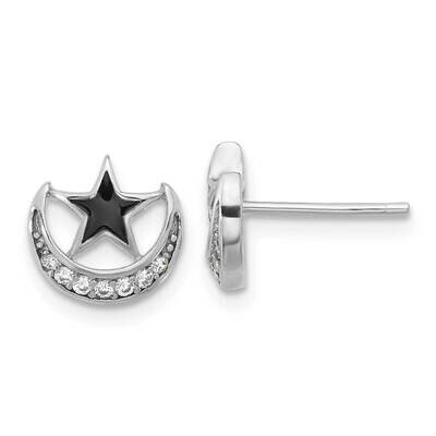 Enamel CZ Star Moon Post Earrings Sterling Silver Rhodium-Plated QE17545, MPN: QE17545,