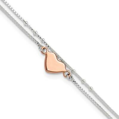 Rose Tone 2-StrHeart 9 Inch Plus 1 Inch Extender Anklet Sterling Silver QG6293-9, MPN: QG6293-9,