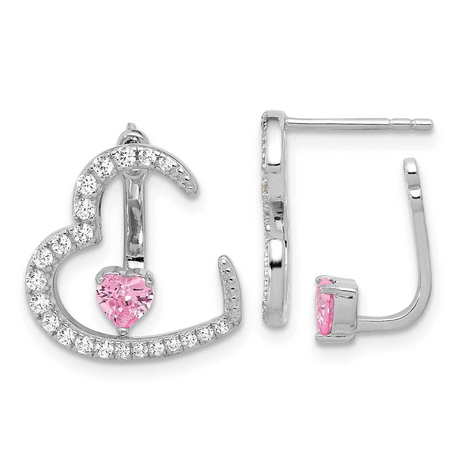 Rh-Plated White Pink CZ Heart Jacket Post Earrings Sterling Silver QE17516, MPN: QE17516,