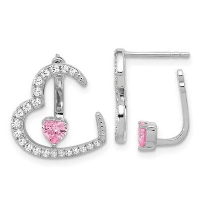Rh-Plated White Pink CZ Heart Jacket Post Earrings Sterling Silver QE17516, MPN: QE17516,