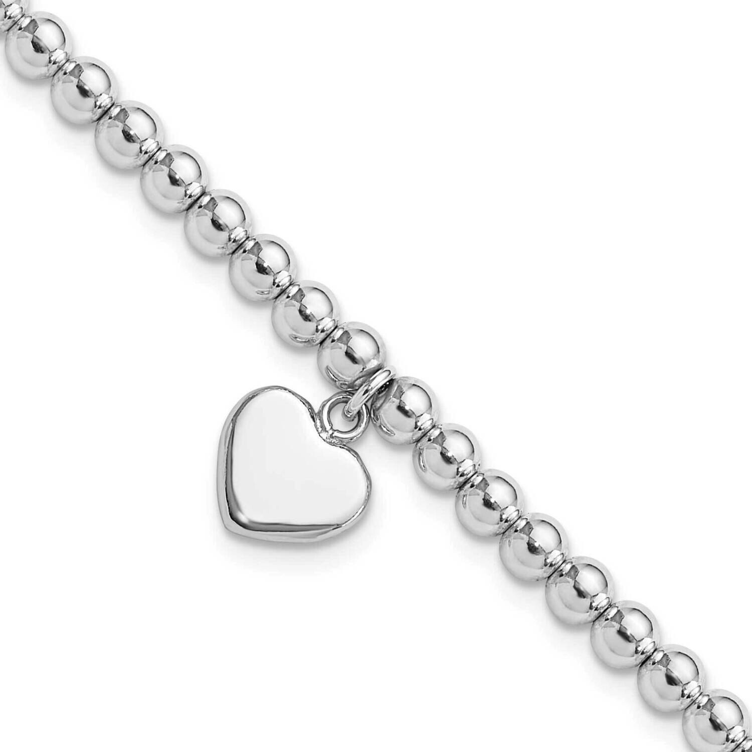 4mm Beaded Dangle Heart 7.5 Inch Bracelet Sterling Silver Rhodium-Plated QG6360-7.5, MPN: QG6360-7.…