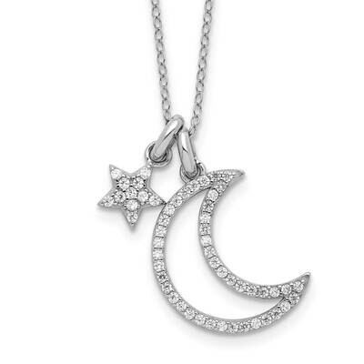 Rhod-Plated CZ Moon/Star 2 Inch Extension Necklace Sterling Silver QG6689-18, MPN: QG6689-18,