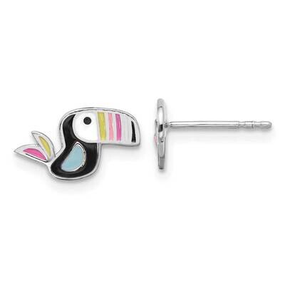 Polished Multi-Color Enameled Toucan Bird Children&#39;s Post Earrings Sterling Silver Rhodium-Plated Q…