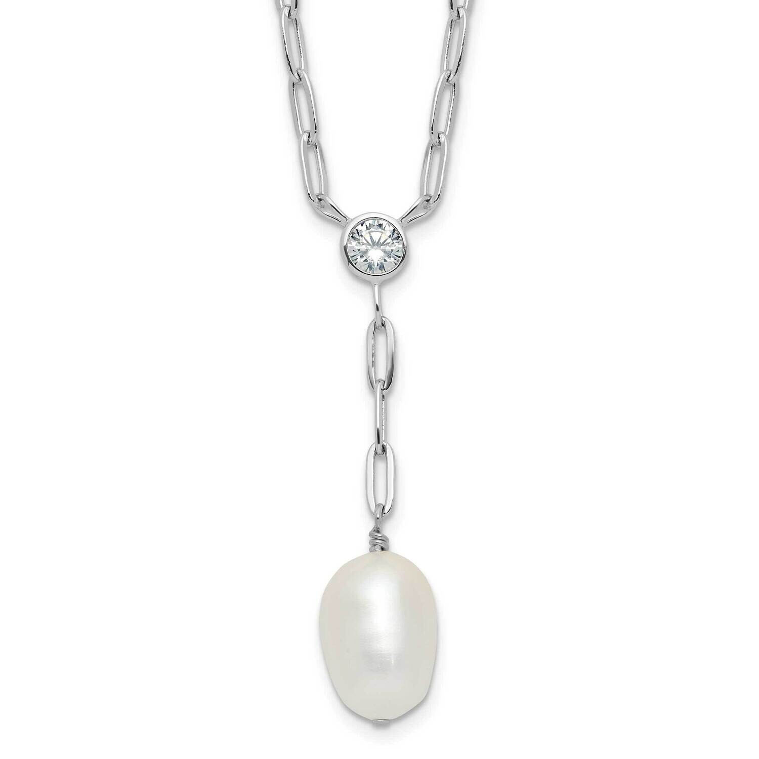 Rhod-Plated Paperclip CZ Pearl Drop Necklace Sterling Silver QH5795-18, MPN: QH5795-18,