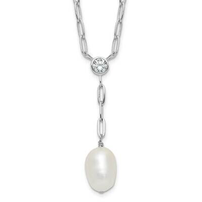 Rhod-Plated Paperclip CZ Pearl Drop Necklace Sterling Silver QH5795-18, MPN: QH5795-18,