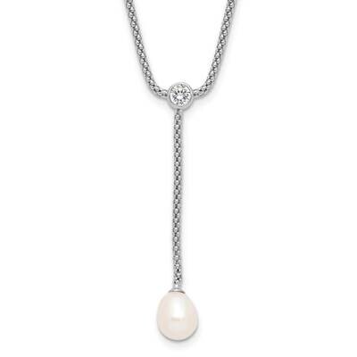 Rh-Plated 8-9mm Fwc Pearl CZ Drop Dangle 18 Inch Necklace Sterling Silver QH5796-18, MPN: QH5796-18,