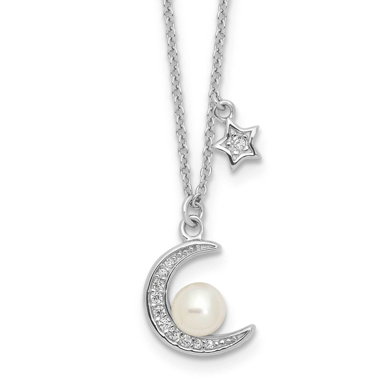 Rhod-Plated CZ Fwc Pearl Moon Star 18 Inch Necklace Sterling Silver QH5811-18, MPN: QH5811-18,