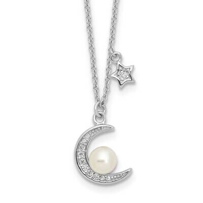 Rhod-Plated CZ Fwc Pearl Moon Star 18 Inch Necklace Sterling Silver QH5811-18, MPN: QH5811-18,
