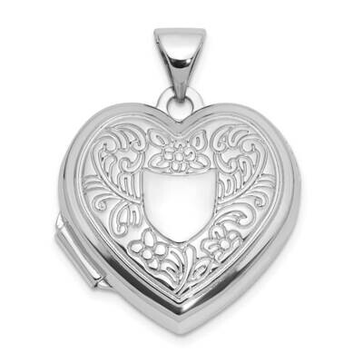 Rh-Pltd Polished Floral Border Crest 18mm Heart Locket Sterling Silver QLS1144, MPN: QLS1144,