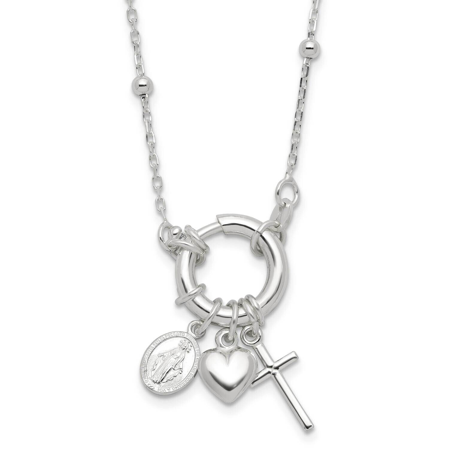 Heart Miraculous Medal Cross Charm 18 Inch Necklace Sterling Silver QG6559-18