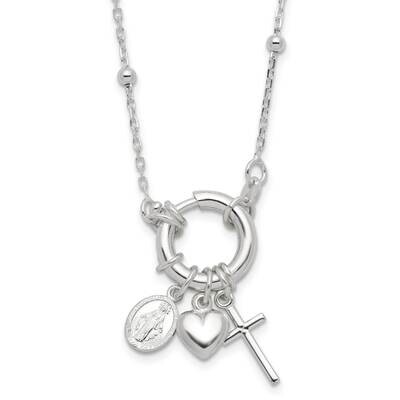 Heart Miraculous Medal Cross Charm 18 Inch Necklace Sterling Silver QG6559-18, MPN: QG6559-18,