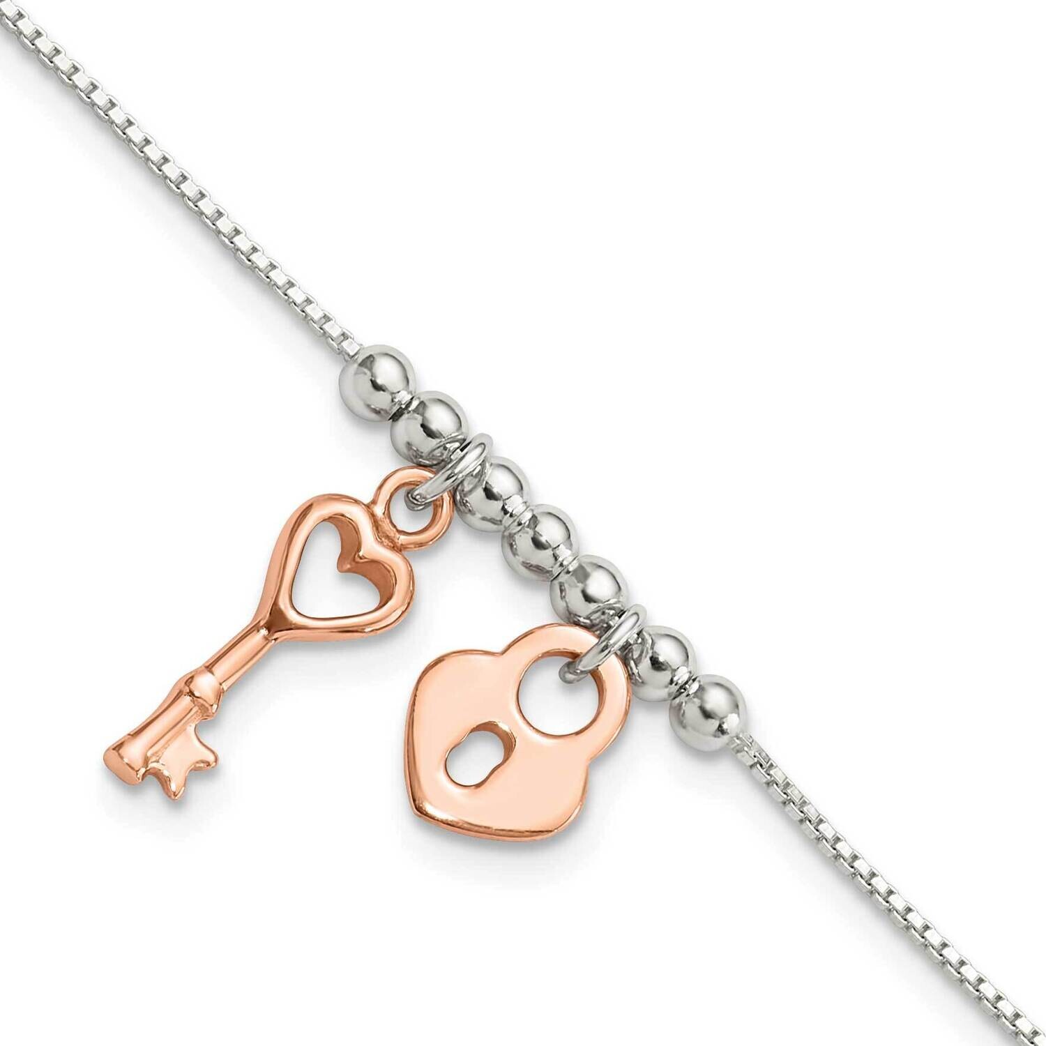 Rose Tone Lock Key Beaded 7 Inch 1 Inch Extender Bracelet Sterling Silver QG6363-7, MPN: QG6363-7,