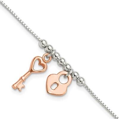 Rose Tone Lock Key Beaded 7 Inch 1 Inch Extender Bracelet Sterling Silver QG6363-7, MPN: QG6363-7,