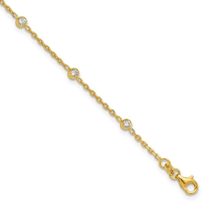 Gold-Tone Polished CZ Stations 9 Inch Plus 1 Inch Extension Anklet Sterling Silver QG4197GP-9