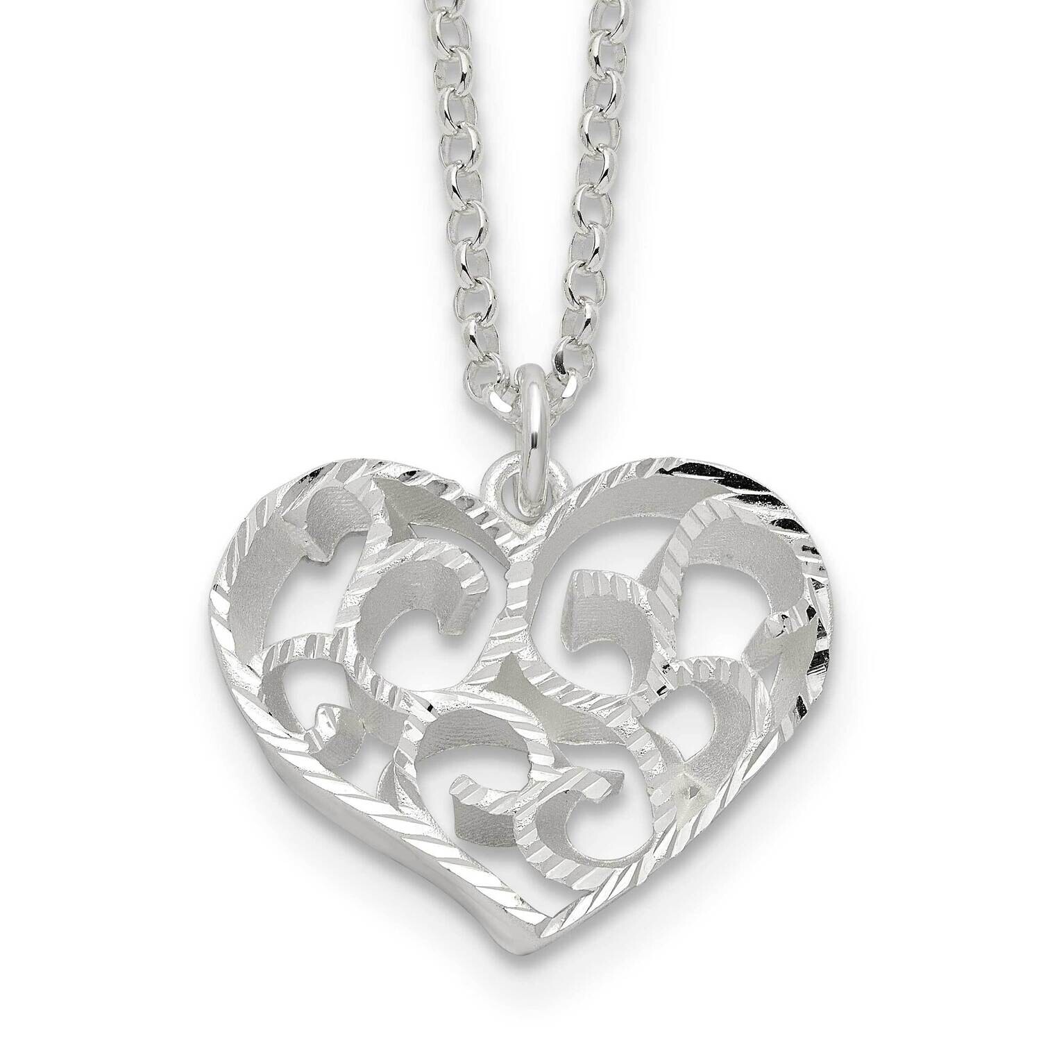 Rh-Pltd Brushed Diamond-Cut Filigree Heart 2 In Extension Necklace Sterling Silver QG6617-15.75, MP…