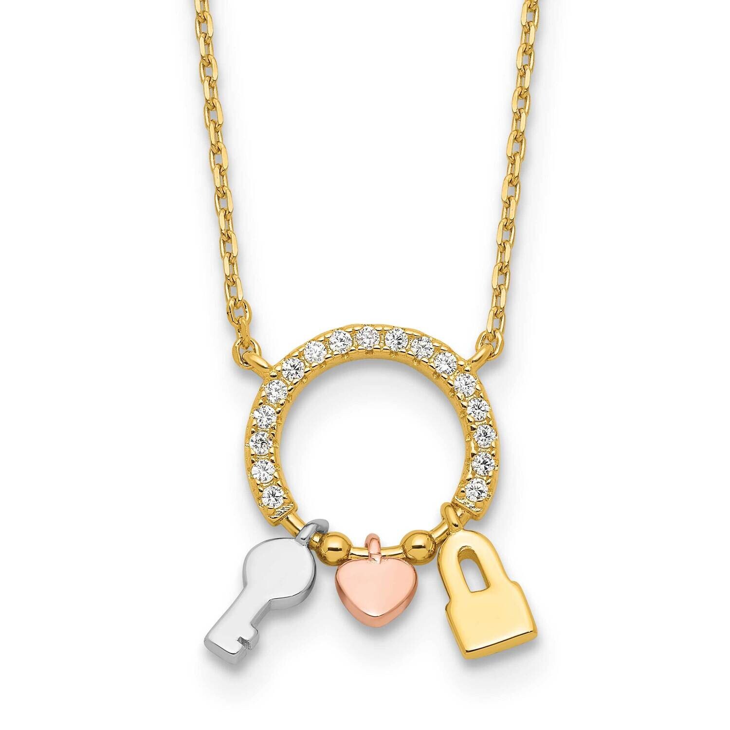 Rhod-Plated Gold Rose-Tone CZ Key Lock Heart 2 Inch Extension Neck Sterling Silver QG6600-18, MPN: …
