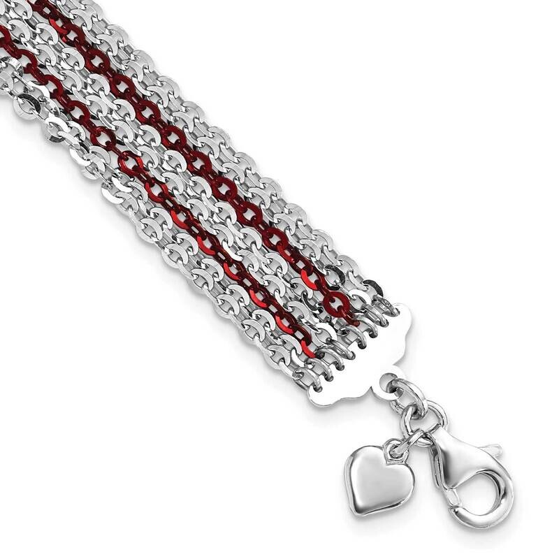 Rhodium & Red-Plated Multi-StrChain Bracelet 7.5 Inch Sterling Silver QH5107-7.5