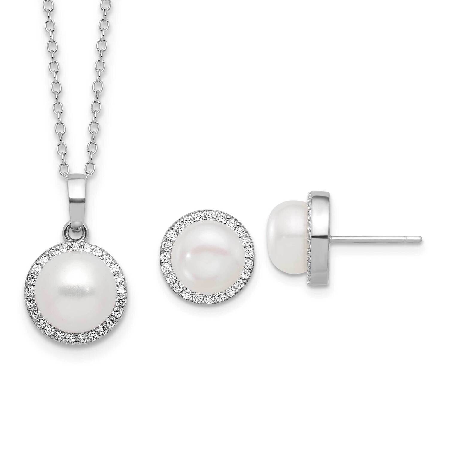 Rh-Plated 8-9.5mm Fwc Pearl CZ Necklace Post Earring Set Sterling Silver QH5814SET, MPN: QH5814SET,
