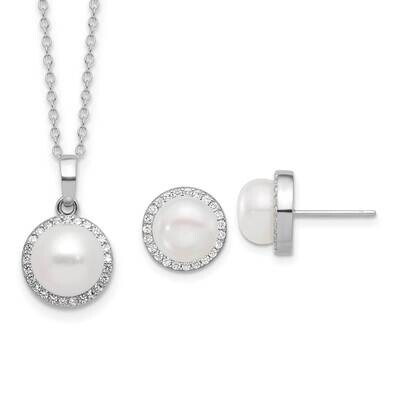 Rh-Plated 8-9.5mm Fwc Pearl CZ Necklace Post Earring Set Sterling Silver QH5814SET, MPN: QH5814SET,