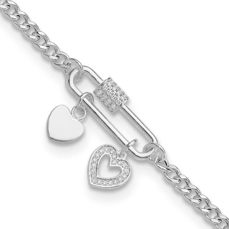 Rh-Plated CZ Heart Moveable 7 Inch 1 Inch Extension Bracelet Sterling Silver QG6548-7, MPN: QG6548-…